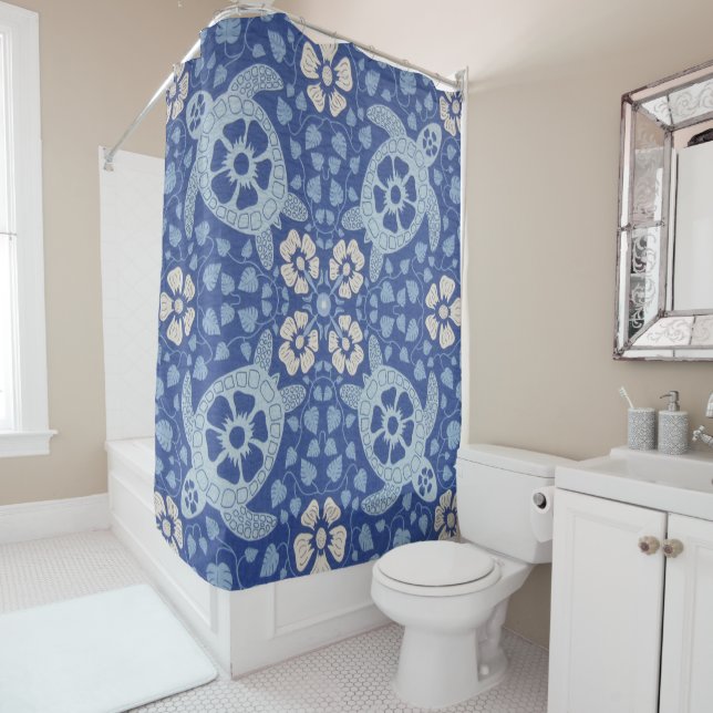 Blue Kauai Turtles Shower Curtain (In Situ)