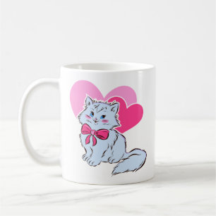 Blue Kawaii Cat With Pink Bow & Hearts Coffee Mug