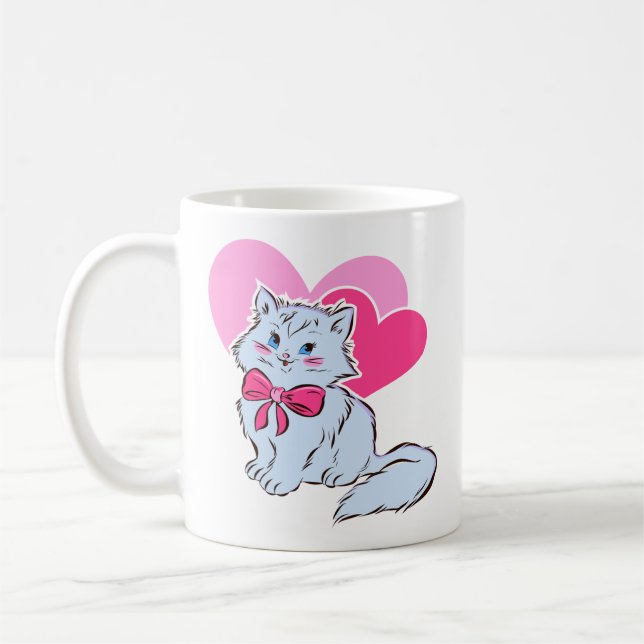 Blue Kawaii Cat With Pink Bow & Hearts Coffee Mug (Left)