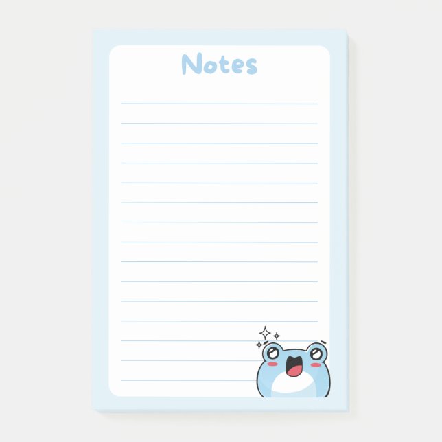 Blue Kawaii Chibi Frog with Sparkling Eyes lined Post-it Notes (Front)