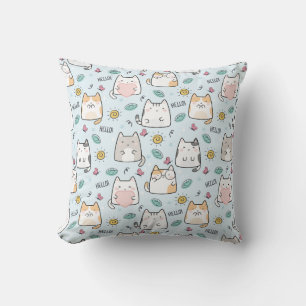 Blue Kawaii Cute Cats Hello Pattern Cushion