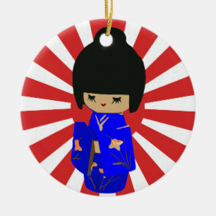 Blue  Kawaii Kokeshi Doll Single sided ornament