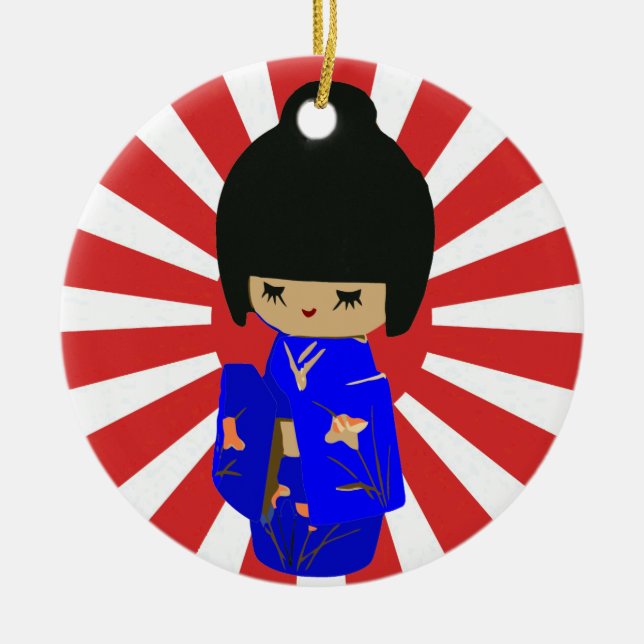 Blue  Kawaii Kokeshi Doll Single sided ornament (Front)