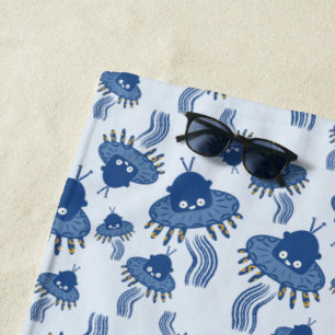 Blue Kawaii Octopus UFO Beach Towel