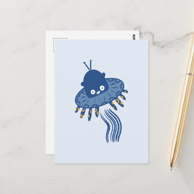 Blue Kawaii Octopus UFO Postcard (Front/Back In Situ)