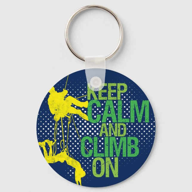 Blue Keep Calm and Climb On Rock Climbing Keychain (Front)