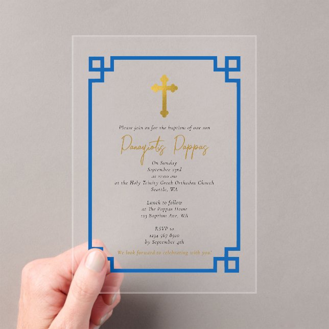 Blue Key Greek Orthodox Christening Boy Baptism Acrylic Invitations (Insitu (Handheld))