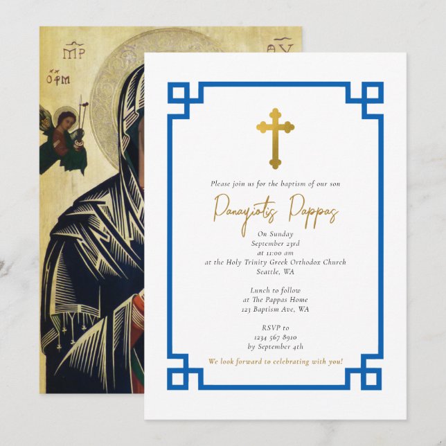 Blue Key Greek Orthodox Christening Boy Baptism Invitation (Front/Back)