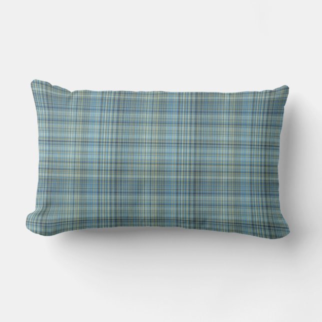 Blue Khaki Glen Plaid Outdoor Lumbar Pillow (Front)