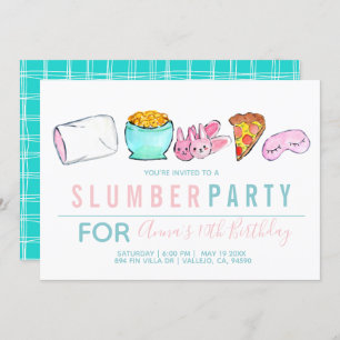 Blue kid girl sleepover slumber party invitation