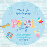 Blue Kids Birthday Pool Party Favour Thank You Classic Round Sticker<br><div class="desc">Personalise this Cool Blue Pool Party Thank You Sticker and add a Splish Splash touch to your precious child's party favours. The colourful flip flops, sunglasses, inviting cold drink and delicious popsicle, against a turquoise blue background, are a perfect way to say thank you to friends and family for attending...</div>
