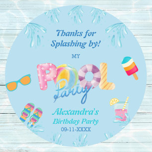 Blue Kids Birthday Pool Party Favour Thank You Classic Round Sticker