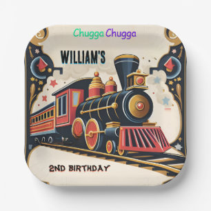 blue kids boys Vintage two train 2nd birthday Paper Plate