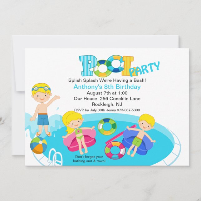 Blue Kids Pool Party Birthday Invitation (Front)