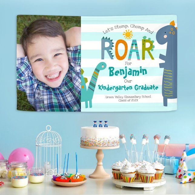 Blue Kindergarten Graduation Photo Dinosaur Boy Banner (Creator Uploaded)
