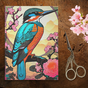 Blue Kingfisher with Pink Mums and Cherry Blossoms Tissue Paper