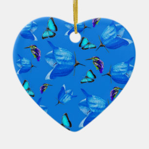 Blue Kingfishers Butterflies And Bell Flowers, Ceramic Tree Decoration