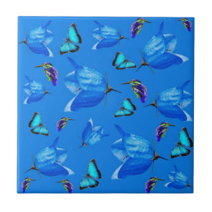 Blue Kingfishers Butterflies And Bell Flowers, Tile