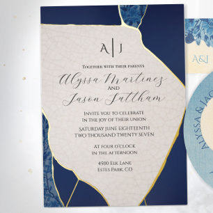 Blue Kintsugi Inspired Foil Wedding Invitation