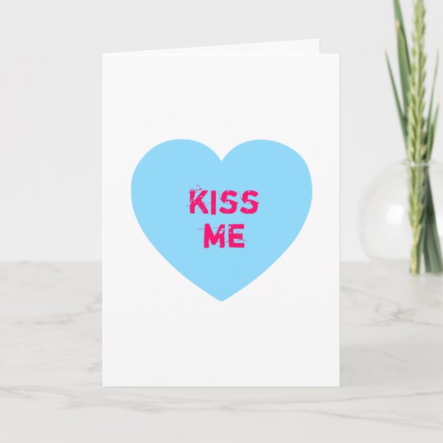 Blue Kiss Me Conversation Heart Holiday Card (Front)