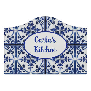 Blue Kitchen Tile with Your Text Vintage Look Door Sign