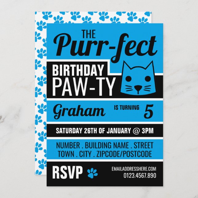 Blue Kitten Birthday Party Invitation (Front/Back)