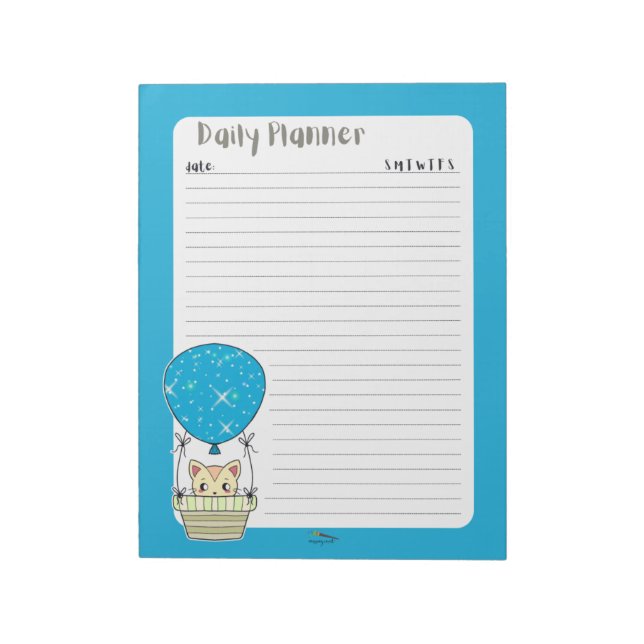 Blue Kitty Balloon Lined Daily Planner Notepad (Rotated)
