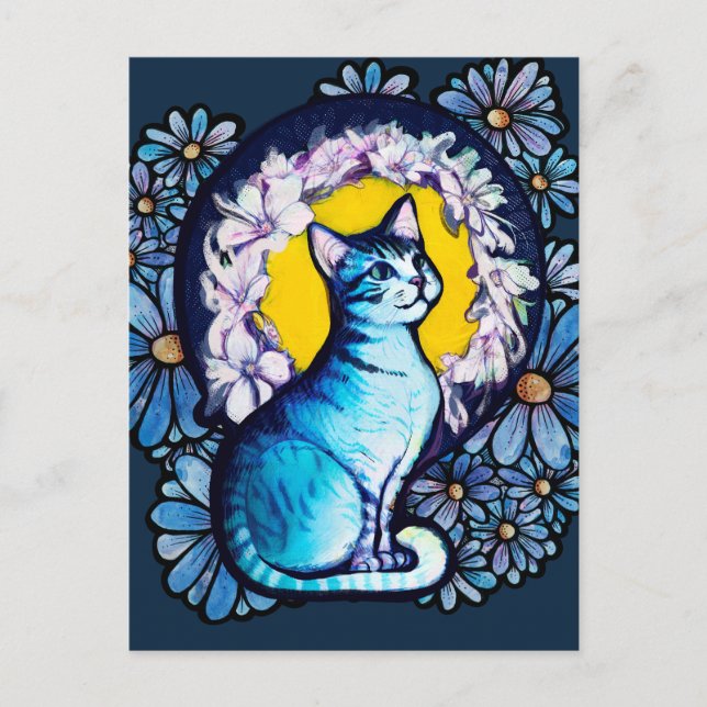 Blue Kitty Cat Halo Mucha Style Floral             Postcard (Front)