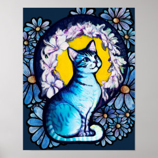 Blue Kitty Cat Halo Mucha Style Floral             Poster