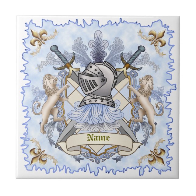 Blue Knight Family Crest Surname  Tile (Front)