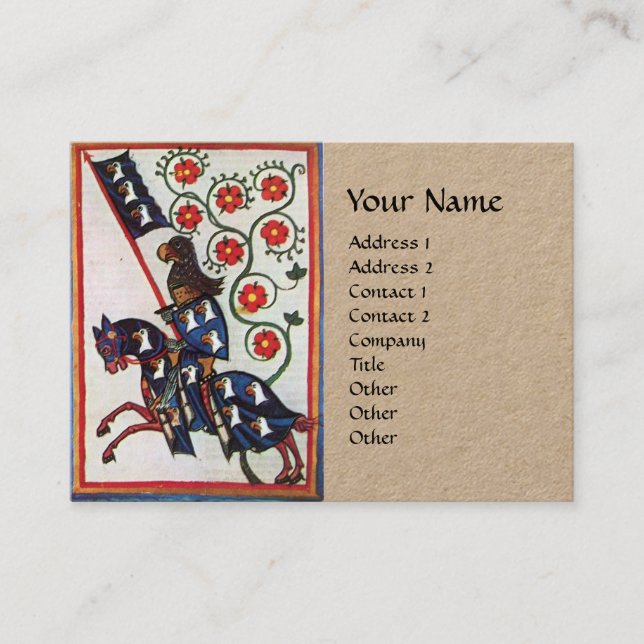 BLUE KNIGHT HORSEBACK Mediaeval Red Roses Kraft Business Card (Front)