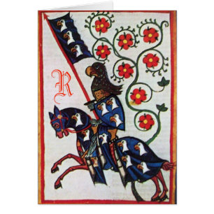 BLUE KNIGHT HORSEBACK MEDIEVAL PARCHMENT MONOGRAM