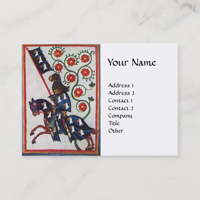 BLUE KNIGHT HORSEBACK Red Roses Mediaeval White Business Card (Front)