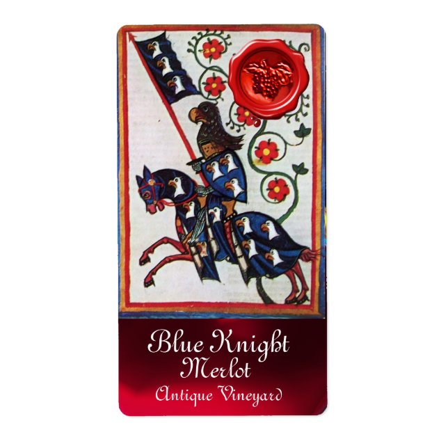 BLUE KNIGHT HORSEBACK WINE LABEL ,RED WAX SEAL (Front)