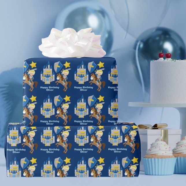 Blue Knight Renaissance Faire Blonde Boys Birthday Wrapping Paper (Creator Uploaded)