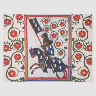 BLUE KNIGHT WITH RED ROSES MEDIEVAL MINIATURE TISSUE PAPER