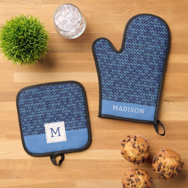 Blue Knit Pattern Oven Mitt & Pot Holder Set (Top Down)