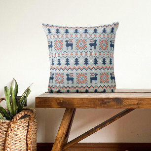 Blue Knited Christmas Sweater Reindeer Pattern Cushion