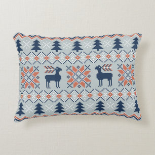 Blue Knited Christmas Sweater Reindeer Pattern  Decorative Cushion