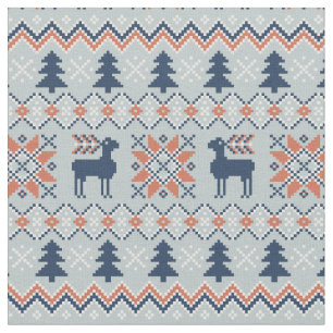Blue Knited Christmas Sweater Reindeer Pattern  Fabric