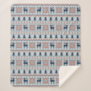 Blue Knited Christmas Sweater Reindeer Pattern  Sherpa Blanket