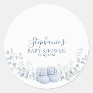 Blue Knitted Booties Baby Shower Round Sticker