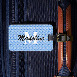 Blue Knitted Luggage Tag + Name, Monogram