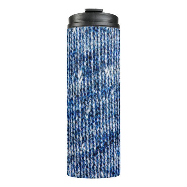Blue knitting wool texture closeup photo backgroun thermal tumbler (Front)