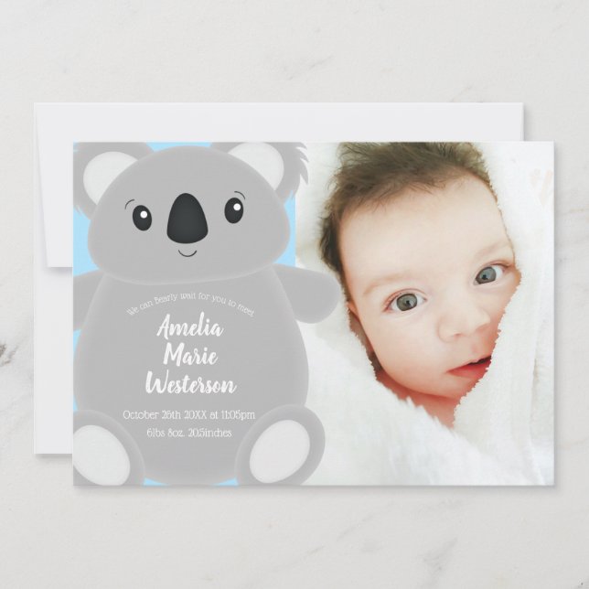 Blue Koala Bear Baby Shower Invitation (Front)
