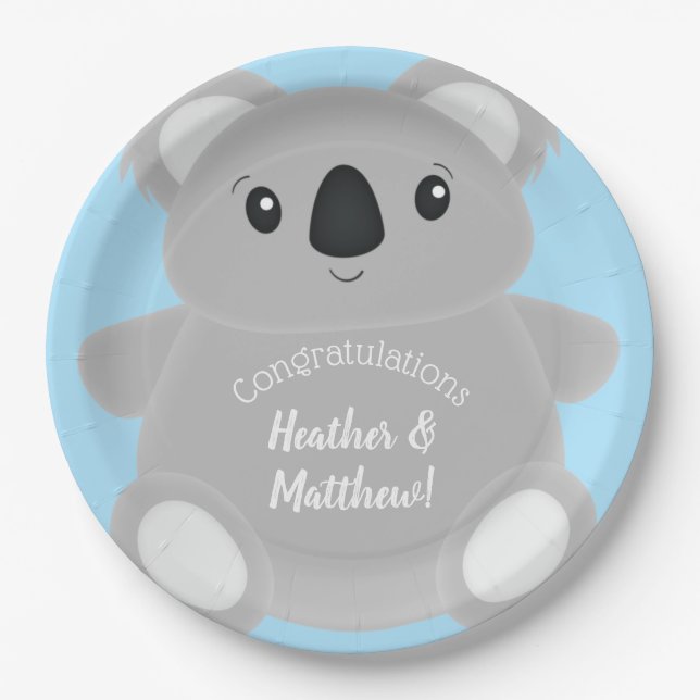 Blue Koala Bear Baby Shower Paper Plate (Front)