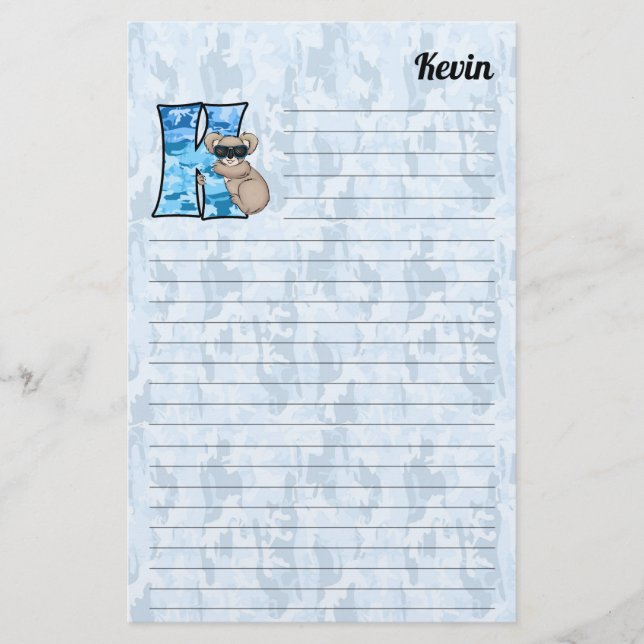 Blue Koala Mongram Letter K Lined Stationery (Front)