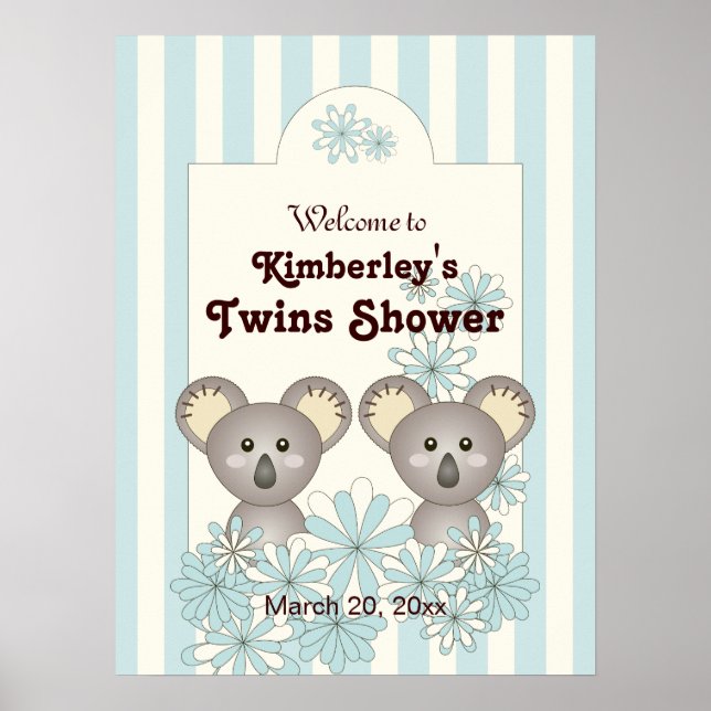 Blue Koala Twin Baby Shower / Kids Birthday Poster (Front)