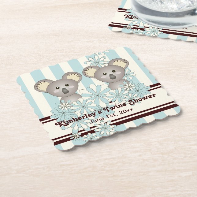 Blue Koala Twin Boy Baby Shower / Kids Birthday Paper Coaster (Angled)