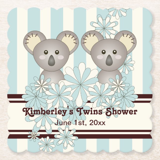 Blue Koala Twin Boy Baby Shower / Kids Birthday Paper Coaster (Front)